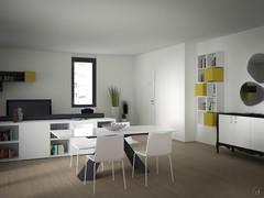 How to furnish the living room by dividing dining, relaxation and entrance area - render